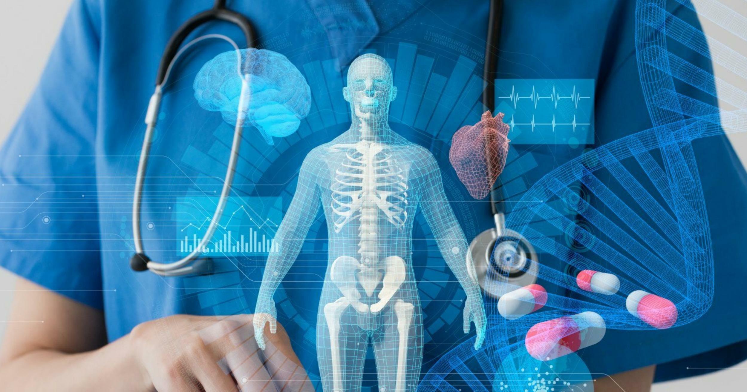 Woman in medical gear appearing to hold a hologram of a human body.