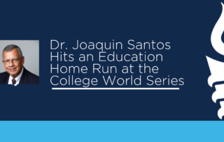Dr. Joaquin Santos smiles at the camera in photograph inset on a banner displaying his name.