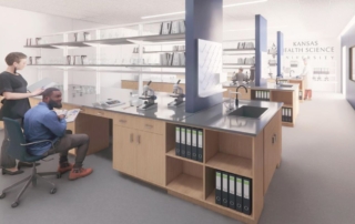 Two people sit at a lab station in a computer-generated rendering of a biomedical science lab.