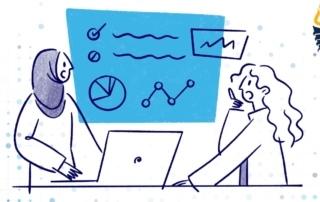 Cartoon of two scientists discussed projection of diagrams from a laptop.