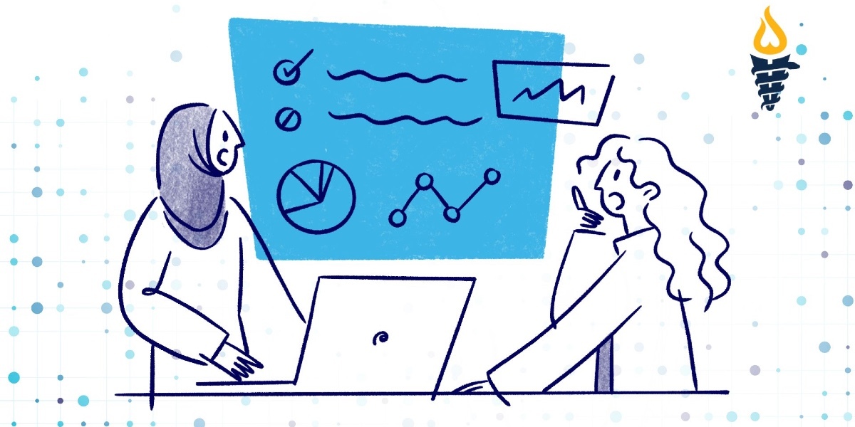 Cartoon of two scientists discussed projection of diagrams from a laptop.