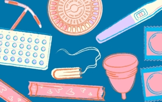 Illustration of various women's contraceptive products.