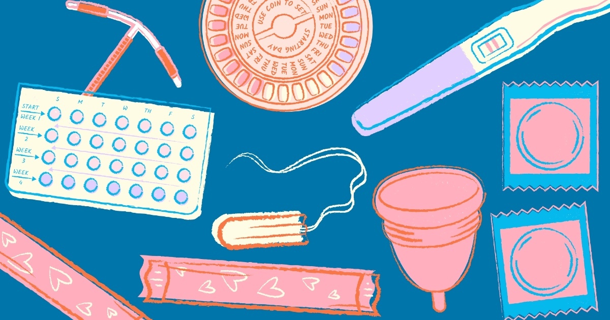 Illustration of various women's contraceptive products.